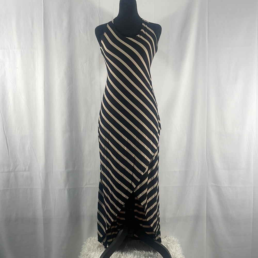 Stripe Black,Cream, MIdi dress, open back, V slit up front, Small